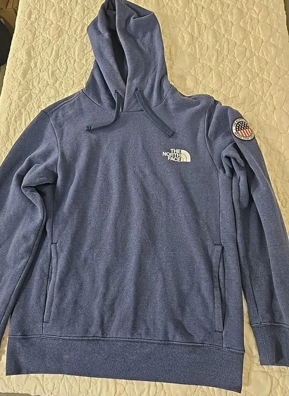 The North Face Mens Small Hoodie Blue USA Tested Proven Graphic Pullover